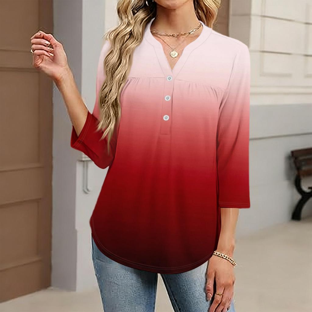 Modisches lässiges Damen-T-Shirt-Top mit Farbblock-Gradienten-Print, V-Ausschnitt, Knopfleiste und Dreiviertelärmeln