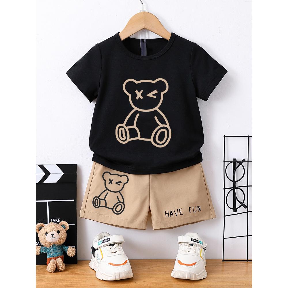 Summer Boy Cartoon Bear Children s 2-piece Set Round Neck T-shirt+Shorts Cool and Breathable 110