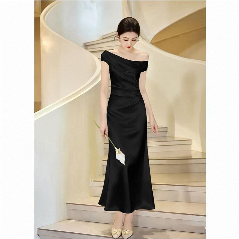 French Diagonal Shoulder Engagement Dress Dress Female Temperament Collar Certificate Small White Dress Niche Fishtail One-shoulder Evening Dress L