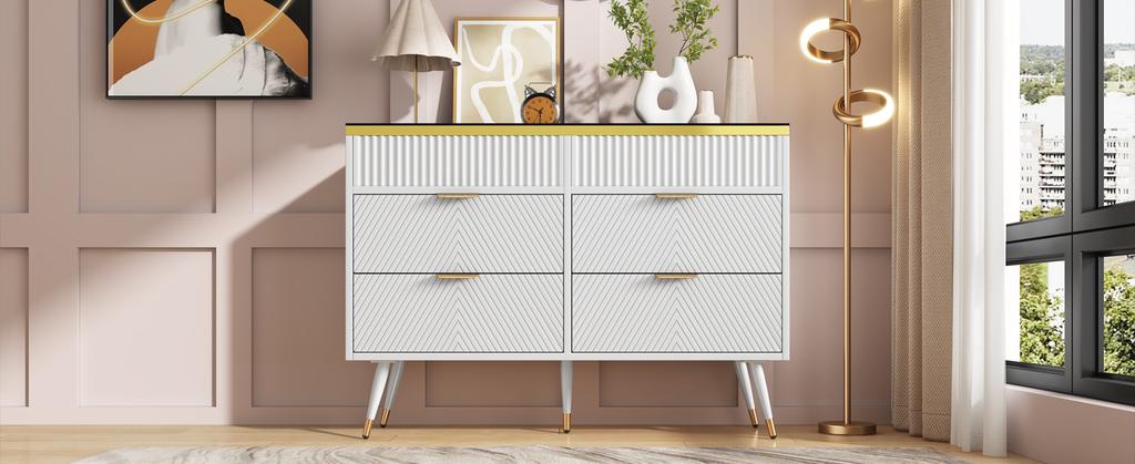Chest of Drawers Sideboard, Amber Glass, 6 Drawers, Tip-Resistant, Tall Cabinet for Bedroom and Living Spaces, 120 X 40 X 76 Cm, White