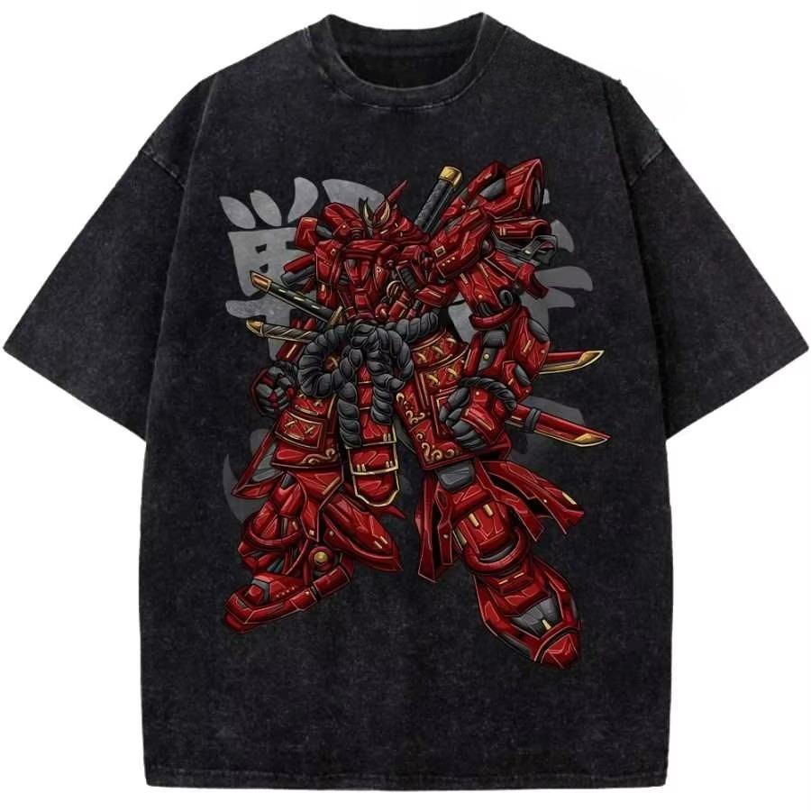 

Летняя мужская черная стираная футболка Mobile Suit Gundam Красный Самурай Меха Золотой Меч Высококачественная ткань для повседневных топов XL