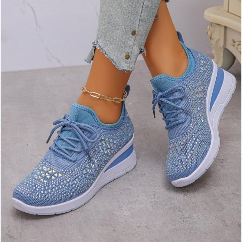 Fashion Women's Shiny Rhinestone Wedge Sneakers Breathable Knit Non Slip Walking Shoes Woman Plus Size Fashion Thick Sole White Sneakers