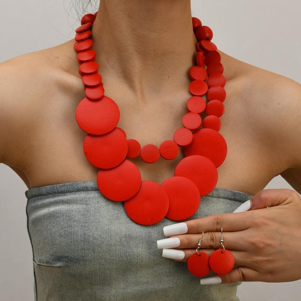 Gioielli Africani Bohemien Colorati Geometrici Rotondi Perline di Legno Collana di Perline Fatta a Mano E Orecchini Accessori da Festa da Donna