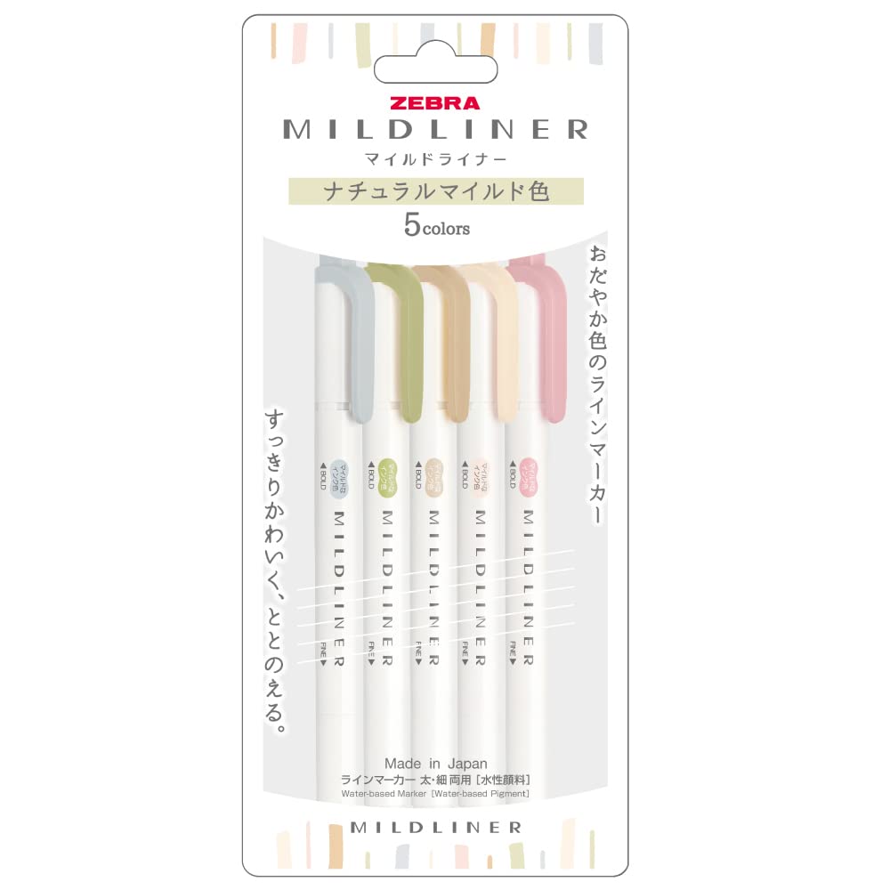 Zebra Mildliner Natural Mild Highlighter Set Pens, 5-Color (WKT7-5C-NTC)