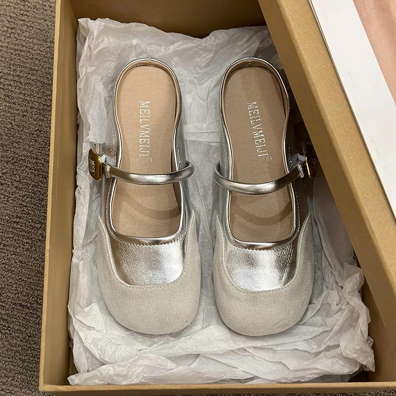 Soft-soled Mary Jane shoes round head shallow mouth Spring commuting versatile word with flat bottom half slippers women's comfort