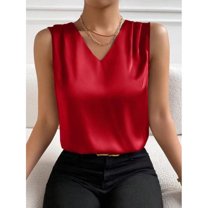 women s Satin Pleated V Neck Sleeveless Top Elegant Casual Camisole Blouse S