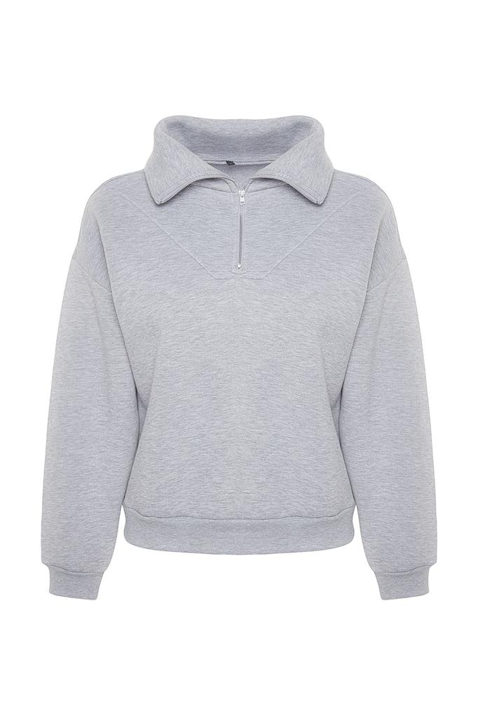 Women's Fashionable Stylish Sweatshirt Indigo Thick Inside Fleece Zippered Oversize Wide Fit Knitted Sweatshirt