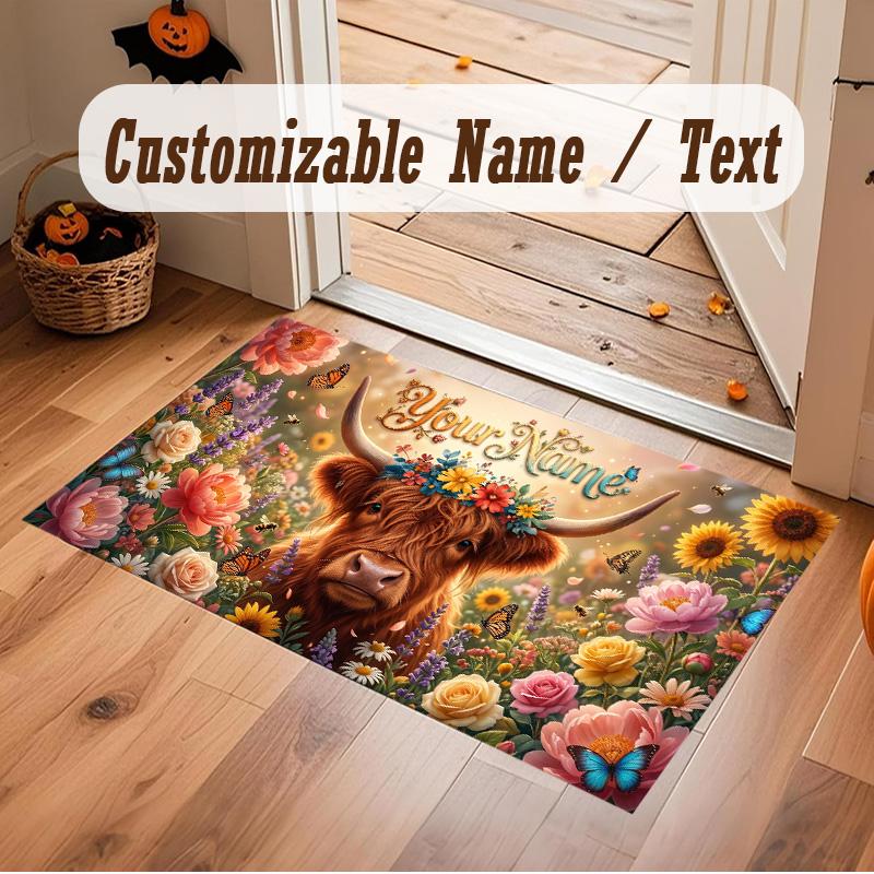 Highland Cow Theme Soft Crystal Velvet Rug Custom Name & Text Print Non Slip Floor Rug for Bedroom Living Room