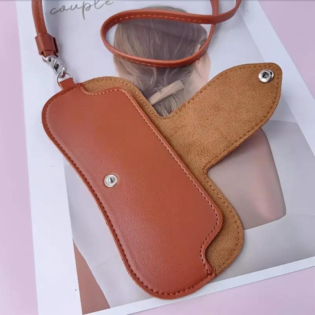 PU Leather Sunglasses Storage Bag With Lanyard Solid Color Portable Eyeglasses Pouch Durable Hanging Glasses Holder Cover Bag
