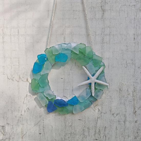 Sea Glass Wreath Handmade Coastal Style Christmas Ornament for Front Door Window Kitchen Cabinet Chair Wall Home Decor