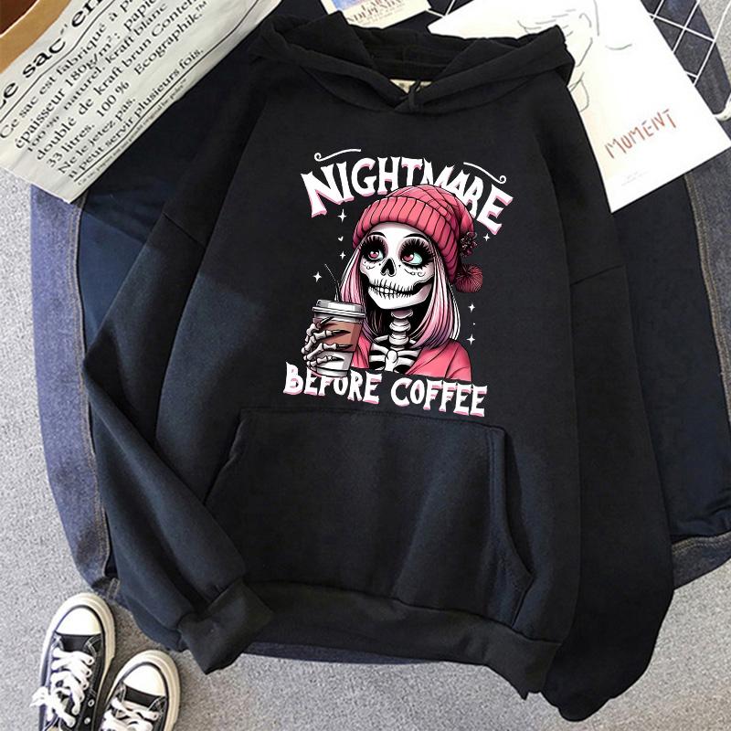 Slogan Nightmare Before Coffe Graphic Sweatshirt Unisex Fall Winter Hoody Y2k Clothing Women's Skeleton Halloween Pocket Hoodies