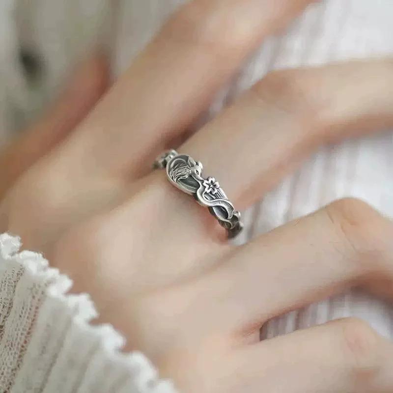 Retro Nine-Tailed Fox Ring for Women New Chinese Style Cherry Blossom Small Fox Finger Ring Versatile Open Ring