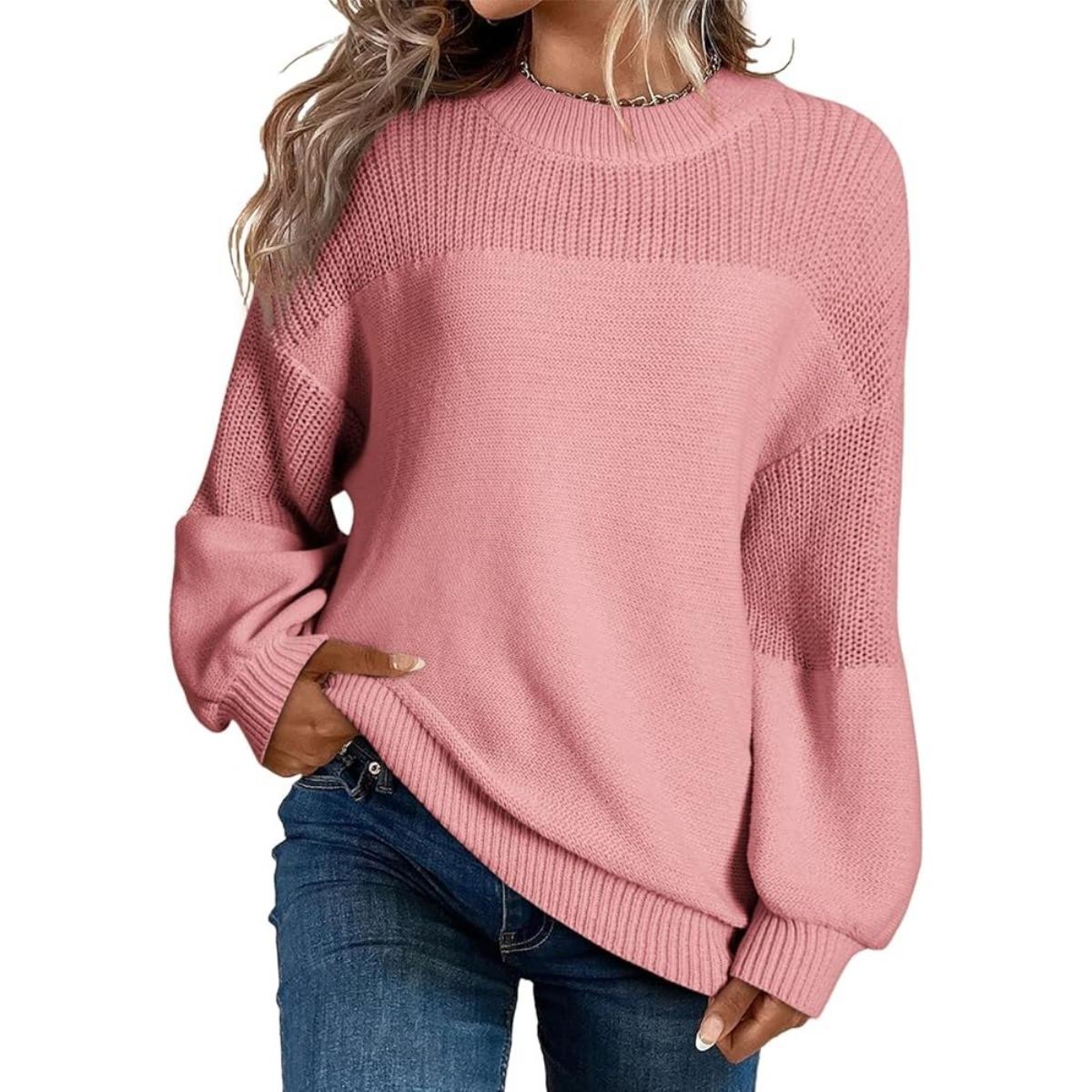 

2025 Autumn Winter New Women s Solid Color Lantern Sleeve Round Neck Long Sleeve Pullover Knitted Sweater Top 5XL рожевий