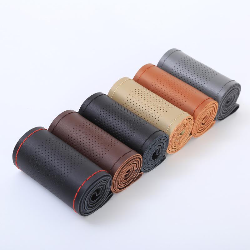 Genuine Leather Perforated Steering Wheel Cover - Hand-Sewn, Universal Fit, All-Season Cowhide
