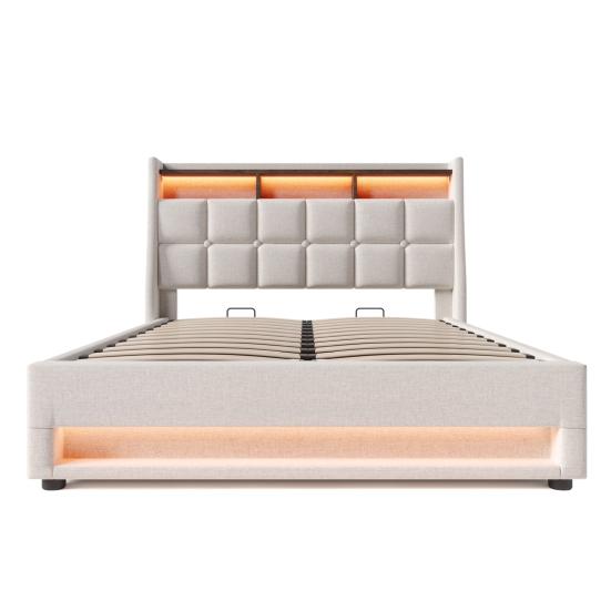 Upholstered Bed with USB 180x200cm, LED Double Bed with Slatted Metal Frame, Bed Frame Made of Linen Material Youth Bed (without Mattress)