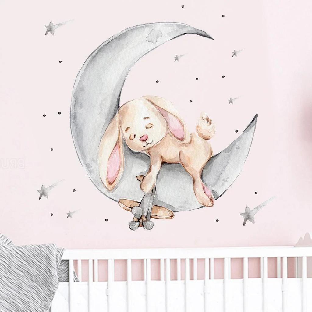 Bear Bunny Star Moon Wall Stickers Baby Kids Room Home Decoration Wallpaper Living Bedroom Nursery Cartoon Self Adhesive Sticker