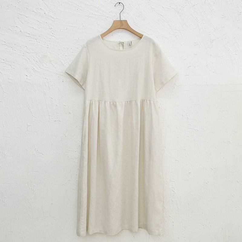Summer Cotton Linen Blended Thin and Breathable Dress Women Literary Big Swing Short Sleeve Solid Loose Casual Female Dresses