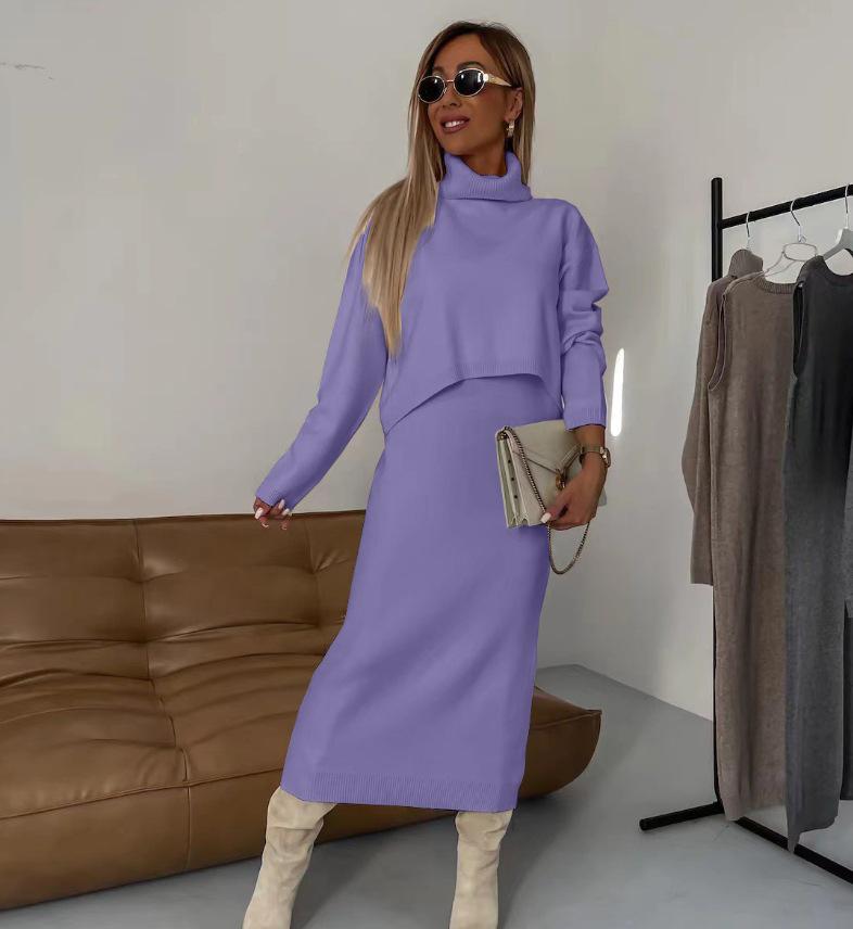 2024 Women's Solid Color Semi-High Neck Knitted Slim-Fit Long Dress Set