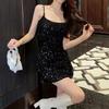 Sequin Sparkle Spaghetti Strap Dress - Glamorous Waist-Cinching Party Skirt