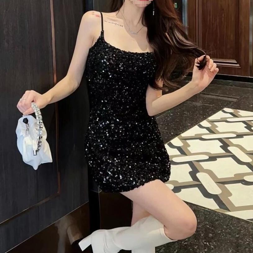 Sequin Sparkle Spaghetti Strap Dress - Glamorous Waist-Cinching Party Skirt