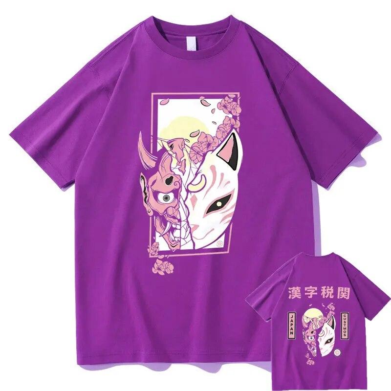 Hannya Mask T Shirts Futuristic Kitsune Mask Graphic T-shirt Japanese Anime Tees Kitsune Streetwear Fox Tshirt Unisex Manga Tops