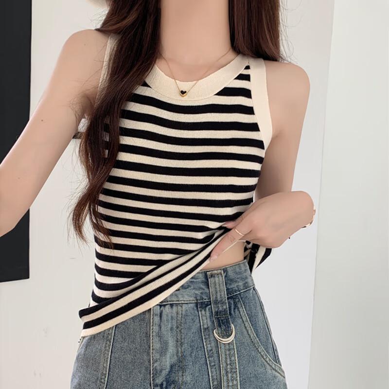 Женский полосатый вязаный укороченный топ-майка One Size (fits 80-115 Jin)