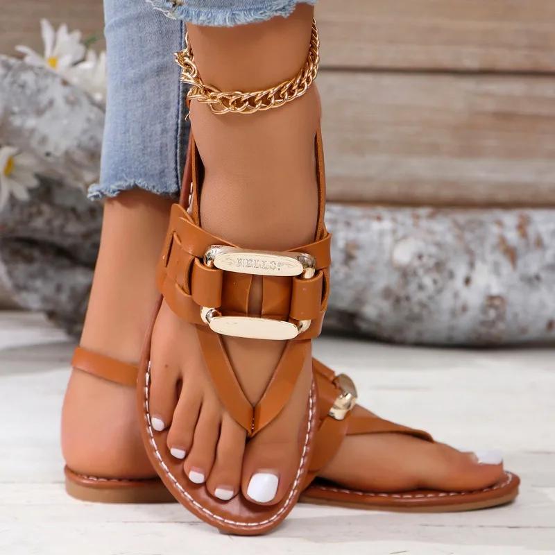 Fashion Ladies Shoes 2024 Hot Sale Pinch Toe Women's Sandals Summer Solft Sole Metal Decoration Buckle Solid Flat Large Size Sandals