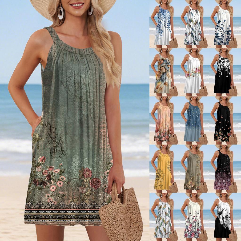 Ladies Fashion Beach Vest Casual Summer Pocket Straps Vintage Floral Print Dress
