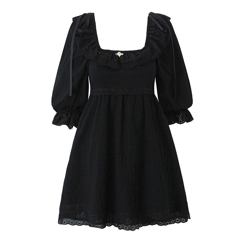 

Wentie Gold Kitteny French Style Retro Girlish Style Lace Lace Puff Sleeves Lace Square Collar A- line Dress Black Square Collar L