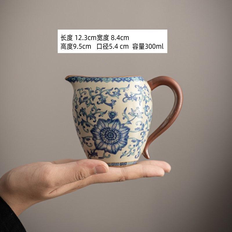 Ru kiln twisted branch lotus hand grab pot cover bowl teacup single high-end retro blue and white tea with lid ceramic kung fu tea set