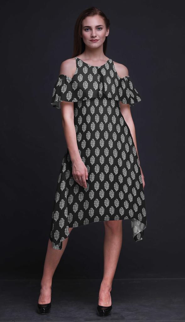 Bimba Block Print Cold Shoulder Women Swing Tunic Flutter Sleeve Midi