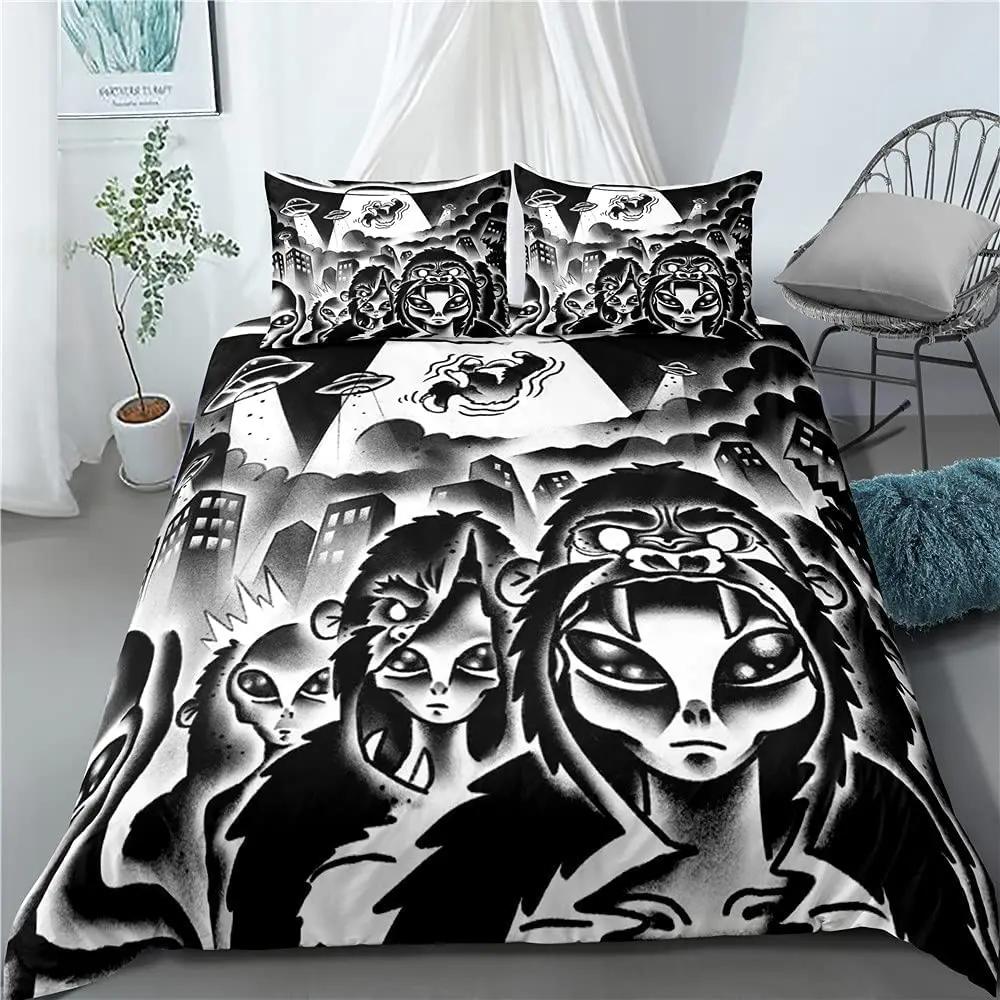 Alien Ufo Duvet Cover Queen Boys Kids Supernatural Martiansal Beings From Other Planets Head Of An Alien Polyester Qulit Cover