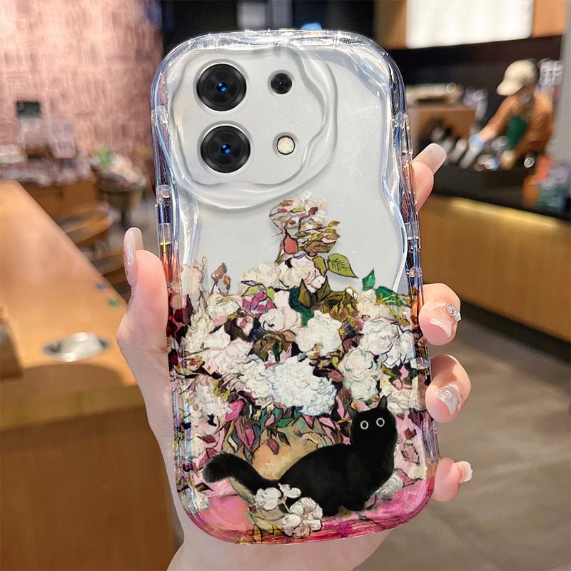 Vintage Blue Floral Black Cat Case for Xiaomi Redmi Note 14 13 12 11 10 Pro Plus 5G 9 14C 13C 4G 12C 10C 10S A2 A1 Soft Cover
