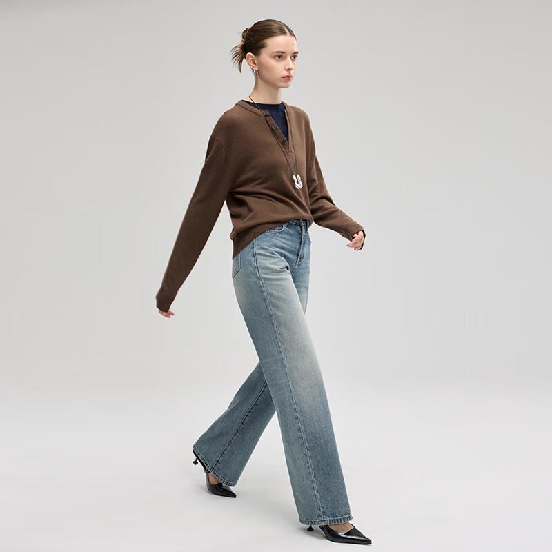 Fengxun Women's Vintage Washed High-Waist Wide-Leg Denim Jeans FXKL3113