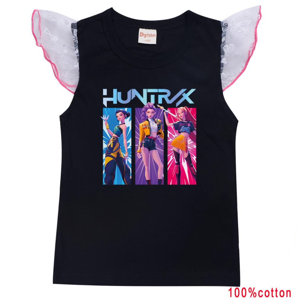 Kids Girls Anime Cartoon K-Pop Rumi Singer Super Star Print Mesh Short Sleeves Cotton T-Shirt