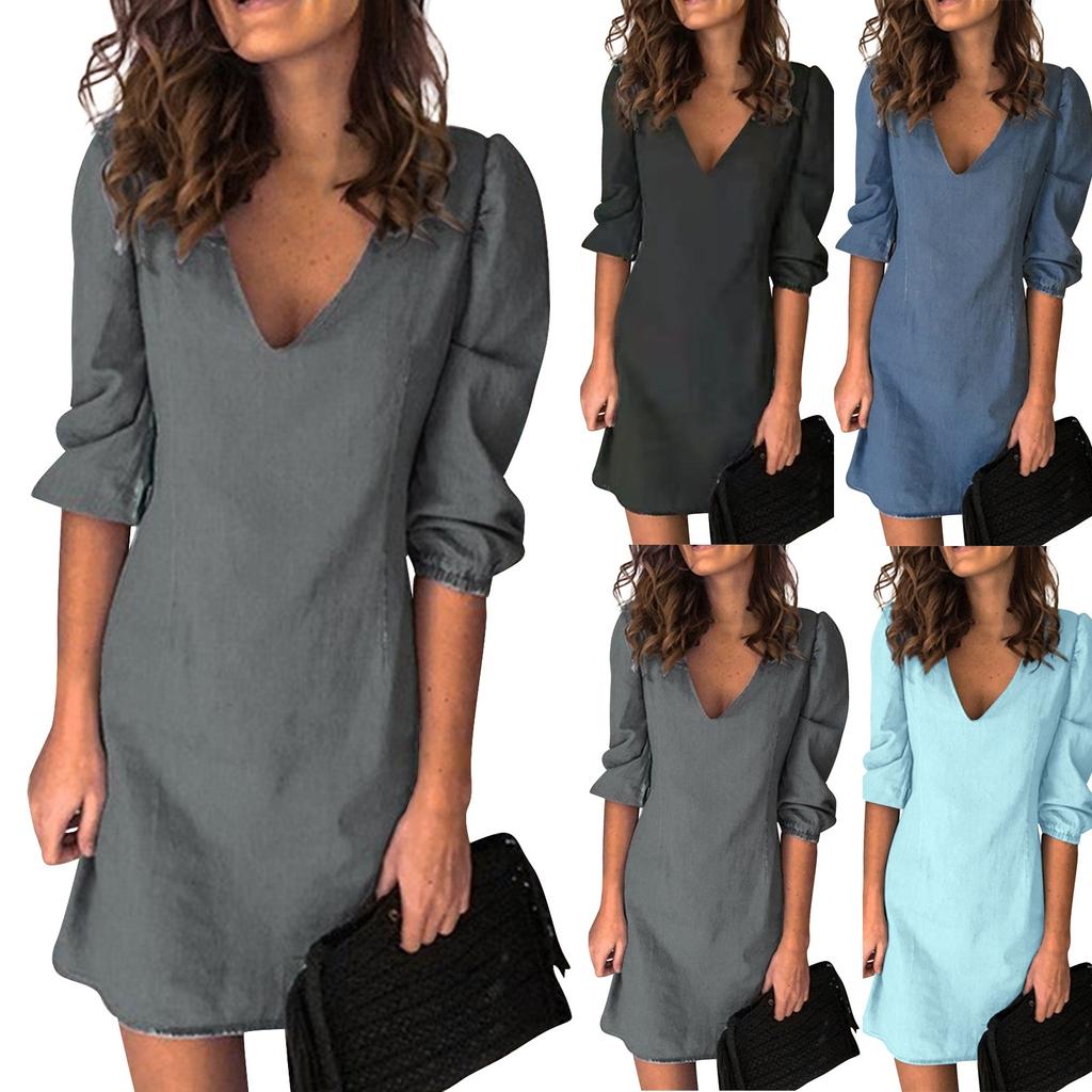 Women's Fashion Deep V-Neck Sexy Color Peplum Casual Dresses