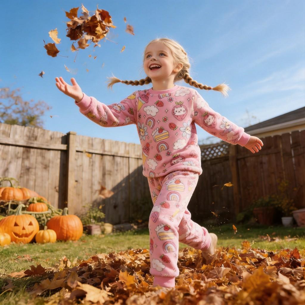 Girl Fall Print Cotton Pajama Set With Long Sleeve Top And Pants For Kids