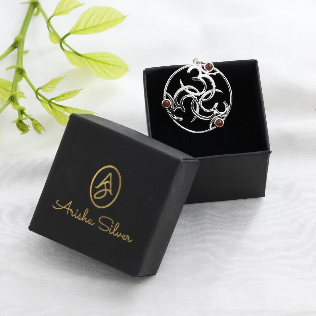 Spiritual Triple Om Silver Pendant, 925 Sterling Silver Handmade Jewelry, Spiritual Jewelry, Carnelian Gemstone pendant, Unisex Pendant ap7115