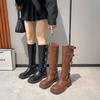 Popular Fashion Coarse Heel Brown Martin Boots Women's Metal Buttons Decorative Long Knight Women's Boots Spring and Autumn Women's