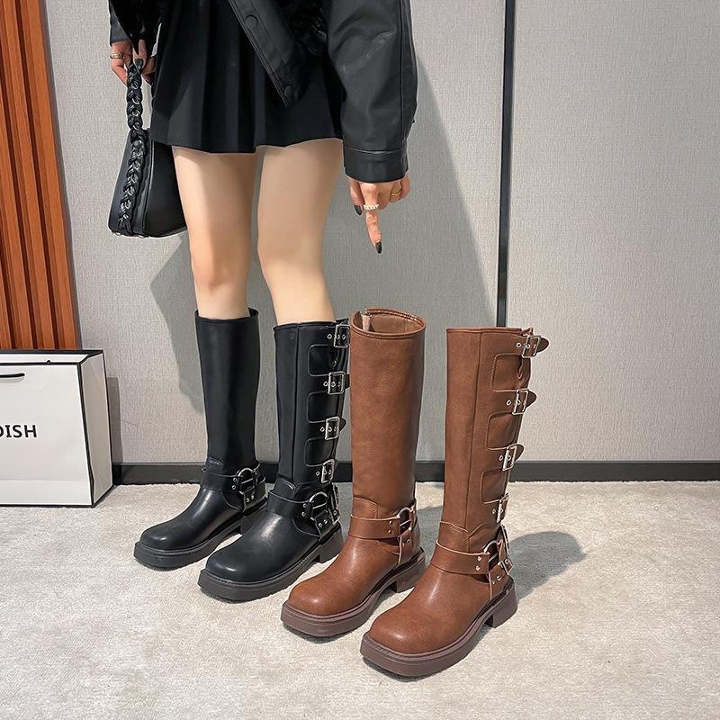 Popular Fashion Coarse Heel Brown Martin Boots Women's Metal Buttons Decorative Long Knight Women's Boots Spring and Autumn Women's