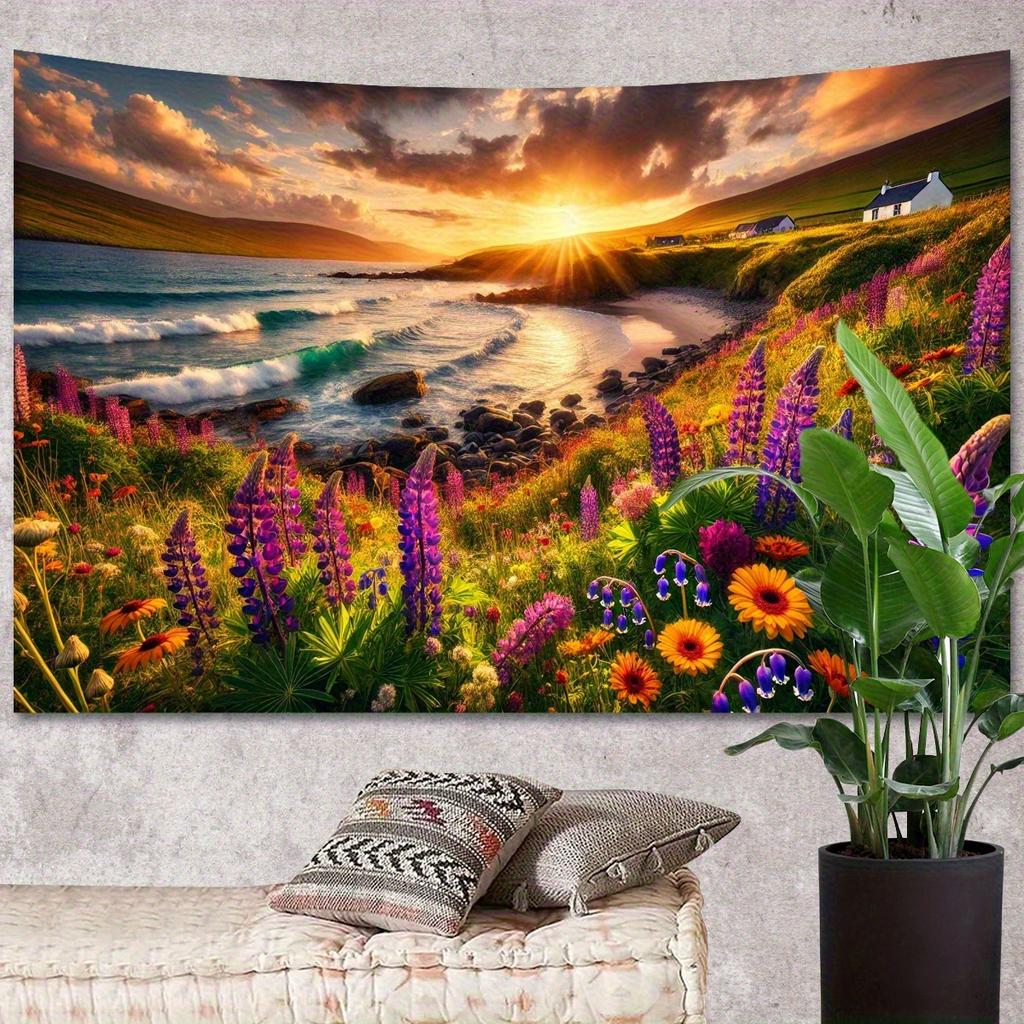 Sunset Beach Tapestry Vibrant Floral Wall Art for Living Room or Bedroom Large Decorative Hanging Add Natures Beauty