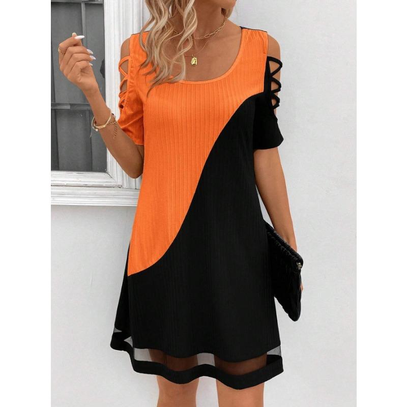 

YYFS Женская мода Лето Весна Цветной блок Принт Короткий рукав U-образный вырез Свободная линия талии Повседневные платья XXXL оранжевый