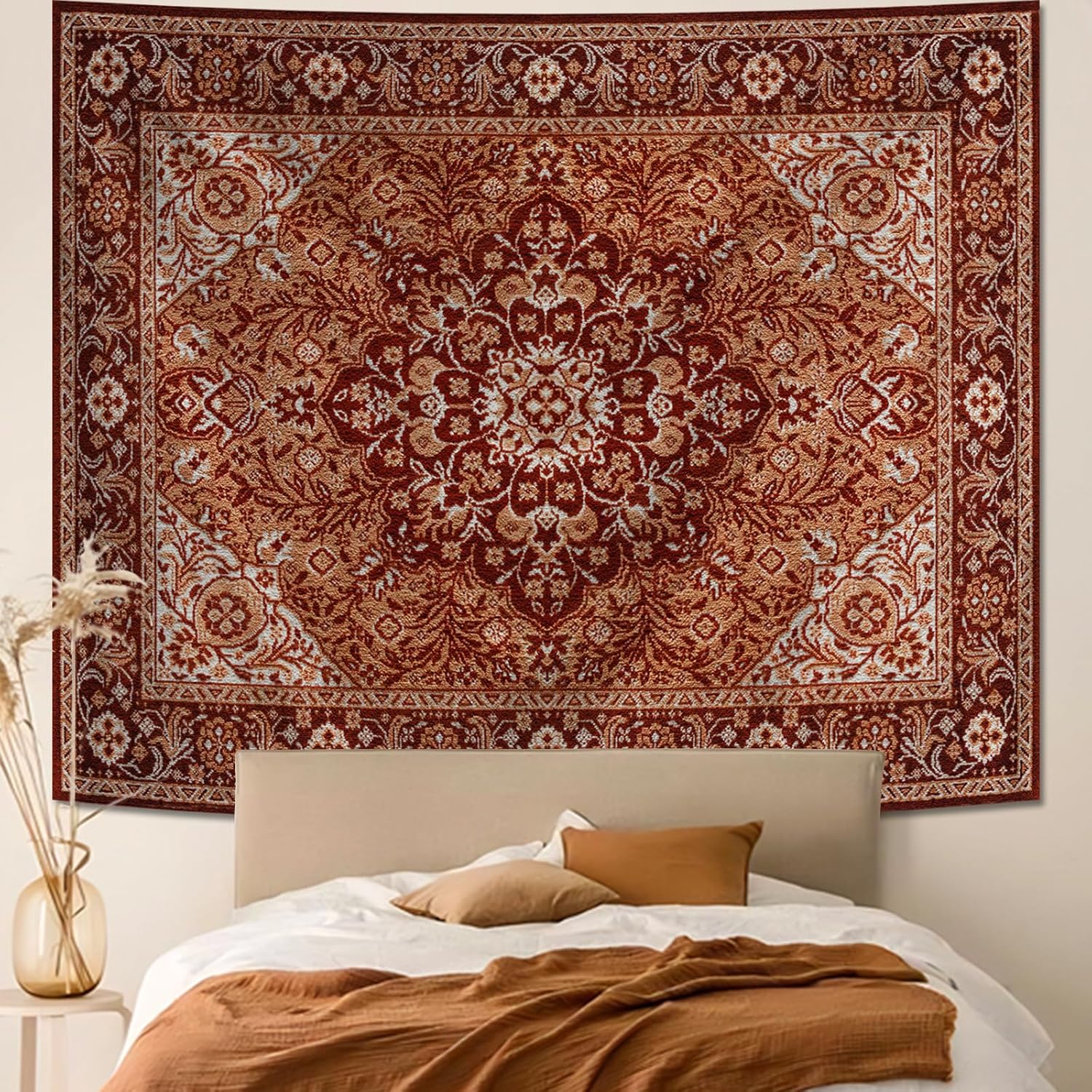 Tree of Life Vintage Tapestry for Bedroom Aesthetic, Boho Moon Floral Stars Wall Hanging, Hippie Black and Orange Nature Tree 70x100CM