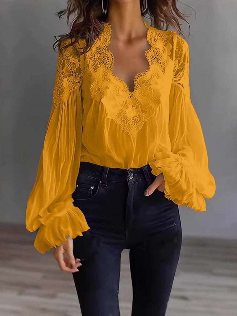 2026 European & American Women's Lace Patchwork Puff Sleeve Pleated Shirt