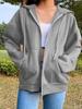 Women's Autumn 2025 Solid Color Fleece-Lined Hooded Jacket - Long Sleeve, Loose Fit, Streetwear Zipper Top