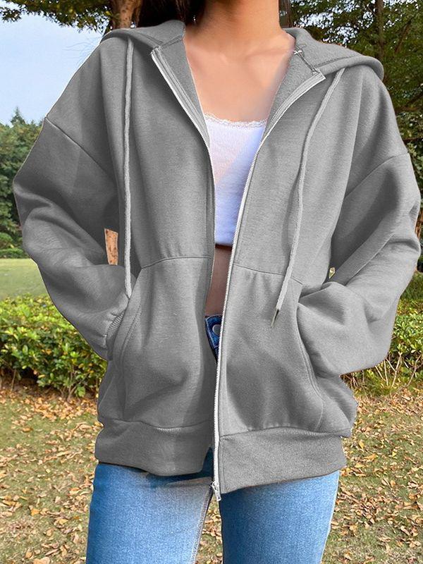 Women's Autumn 2025 Solid Color Fleece-Lined Hooded Jacket - Long Sleeve, Loose Fit, Streetwear Zipper Top