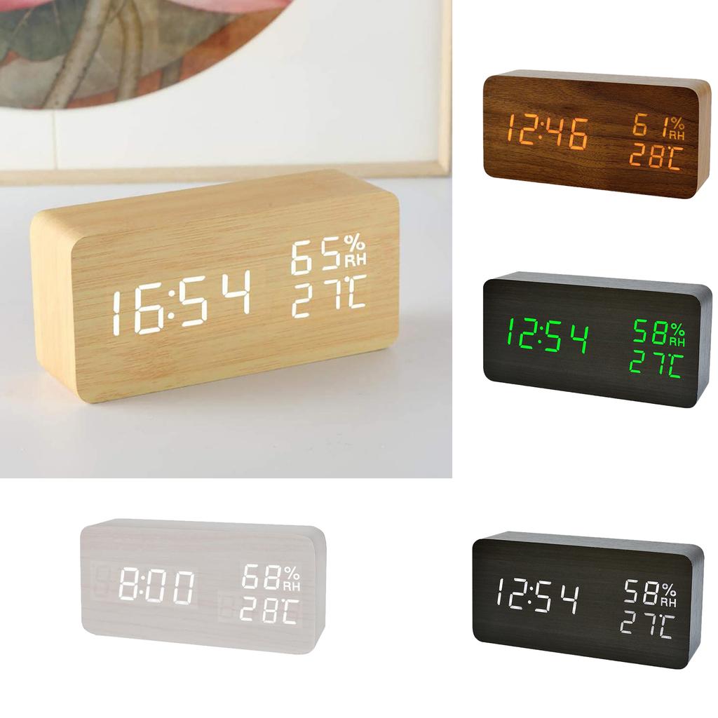 Multifunctional Digital Wooden Alarm Clock with LED Display Temperature Humidity Monitor and Adjustable Brightness for Bedroom Office