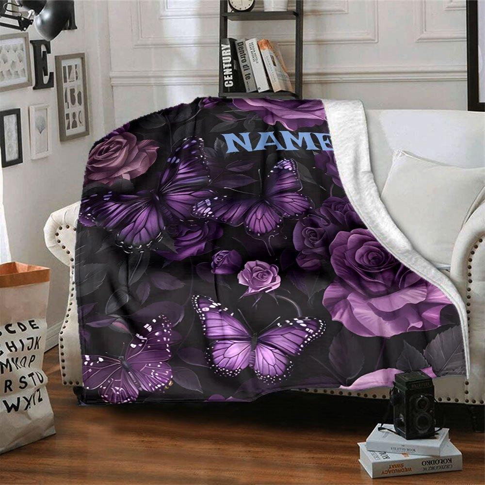 Purple Roses And Butterflies Home Customize Your Name Blankets Soft And Cozy With A Lightweight Design Perfect For All Seasons Ideal For Picnics Sofa