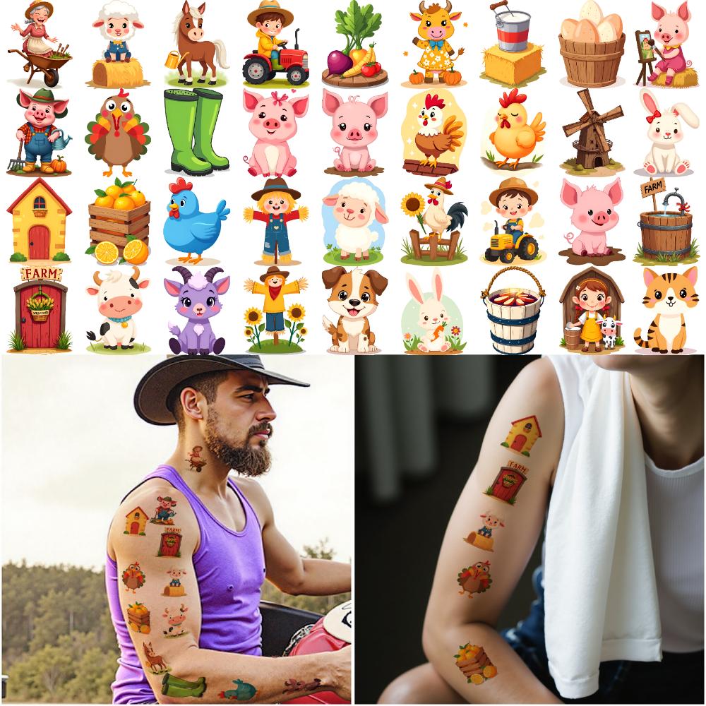 63pcs Temporary Tattoo Farm Animals Cartoon Country Life Farm Produce Temporary Tattoo Stickers For Women Arms