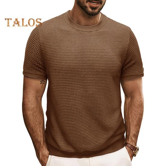 Vogue Wardrobe Zomer Heren Tops Gebreid Ronde Hals Korte Mouwen Effen Kleur Geribbeld Elastisch T-shirt Slim Fit Pullover Casual Dagelijkse Kleding M kaki
